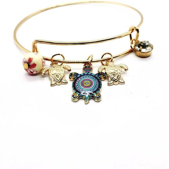Beaded Sea Turtle Charm Colorful Bangle Bracelet - Picture 4 of 6